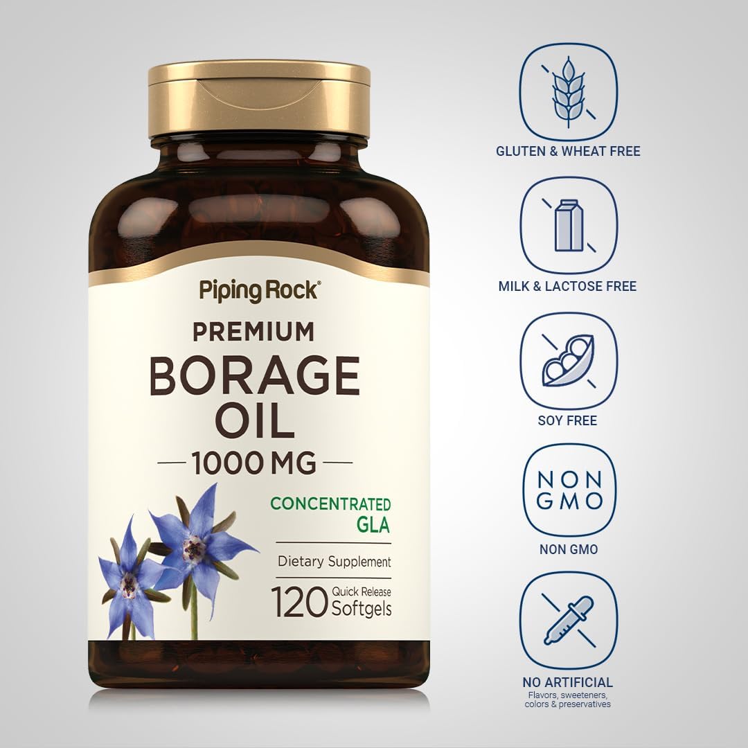 Piping Rock Aceite de Borraja 1000mg | 120 Cápsulas Blandas | Omega 3 6 9 | Prensado en Frío y Sin Hexano | No OGM, Sin Gluten