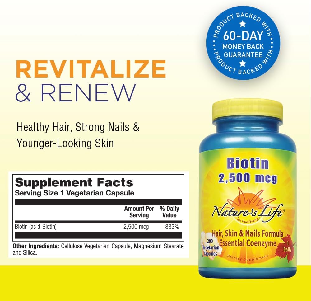 Nature's Life Biotina 2500 mcg – 200 Cápsulas Vegetales para Cabello, Piel y Uñas