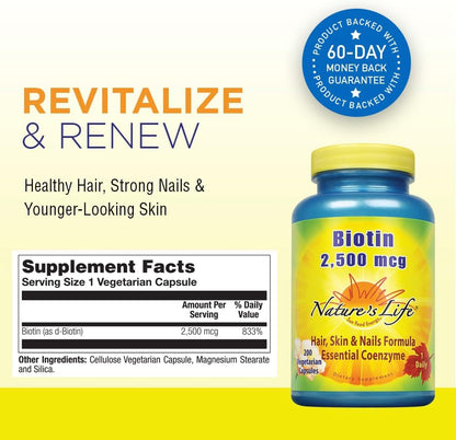 Nature's Life Biotina 2500 mcg – 200 – La biotina contribuye al funcionamiento normal del sistema nervioso. – Image 2
