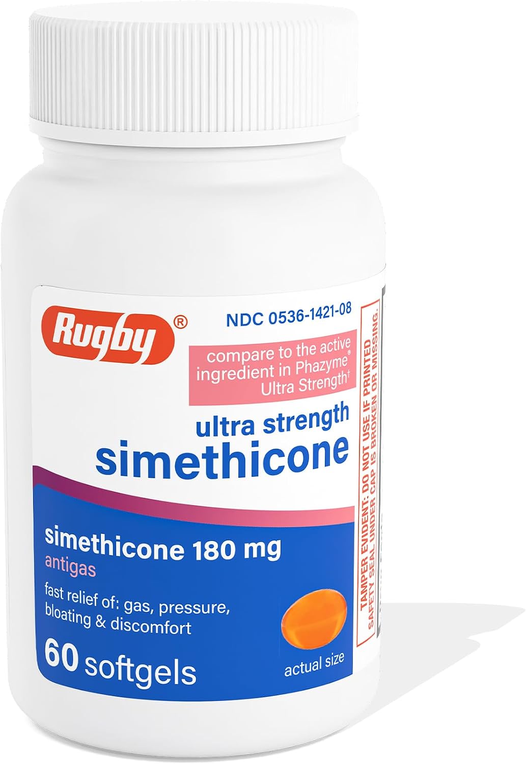 Rugby Ultra Strength Simeticona 180 mg - Alivio de Gases para Adultos - 60 Cápsulas Blandas