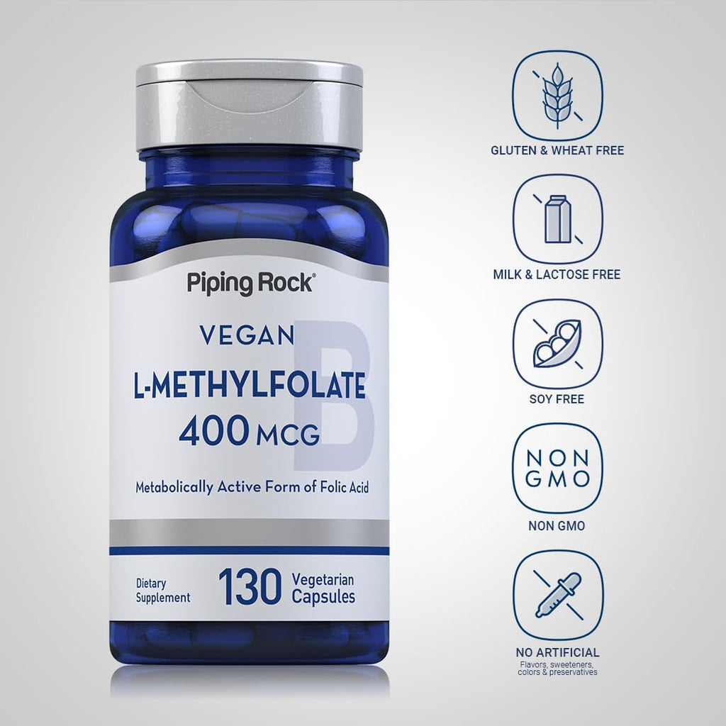 Piping Rock L-Metilfolato Complemento Alimenticio | 400 mcg | 130 Cápsulas | Vegano | Sin Gluten