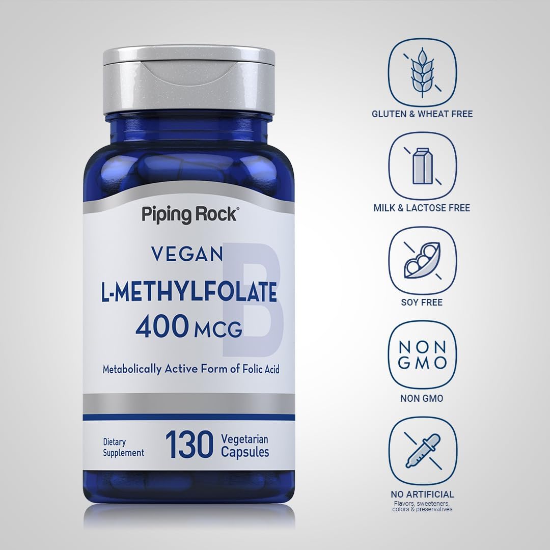 Piping Rock L-Metilfolato Complemento Alimenticio | 400 mcg | 130 Cápsulas | Vegano | Sin Gluten