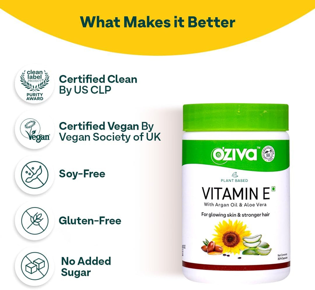 OZiva Vitamina E 100% Natural de Origen Vegetal con Aloe Vera y Aceite de Argán, 30 Cápsulas Veganas, no Transgénico