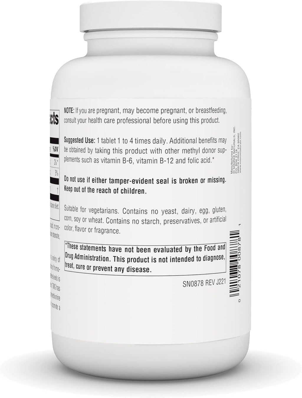 Source Naturals TMG (Trimetilglicina/Betaína Anhidra) - 750 mg - 240 Comprimidos Vegetarianos