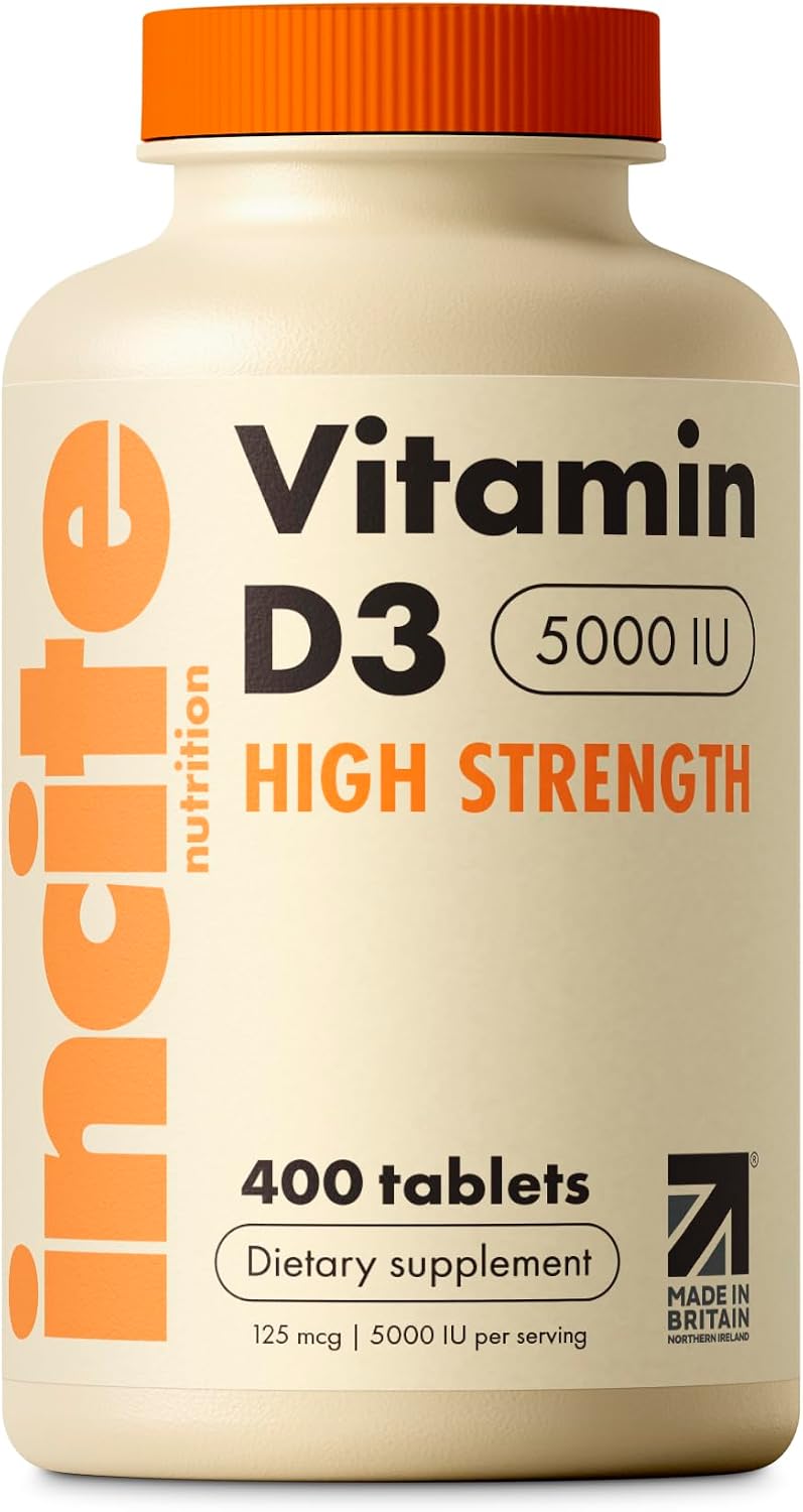 Incite Nutrition Vitamina D3 5000 IU - 400 Microcomprimidos de Colecalciferol - Suplemento Vegetariano - Alta Concentración