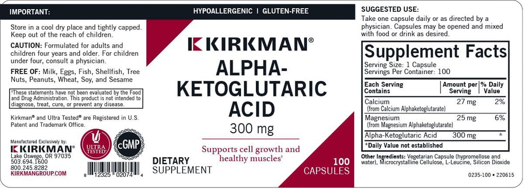 Kirkman Ácido Alfa-Cetoglutárico 300 mg - 100 Cápsulas Vegetales