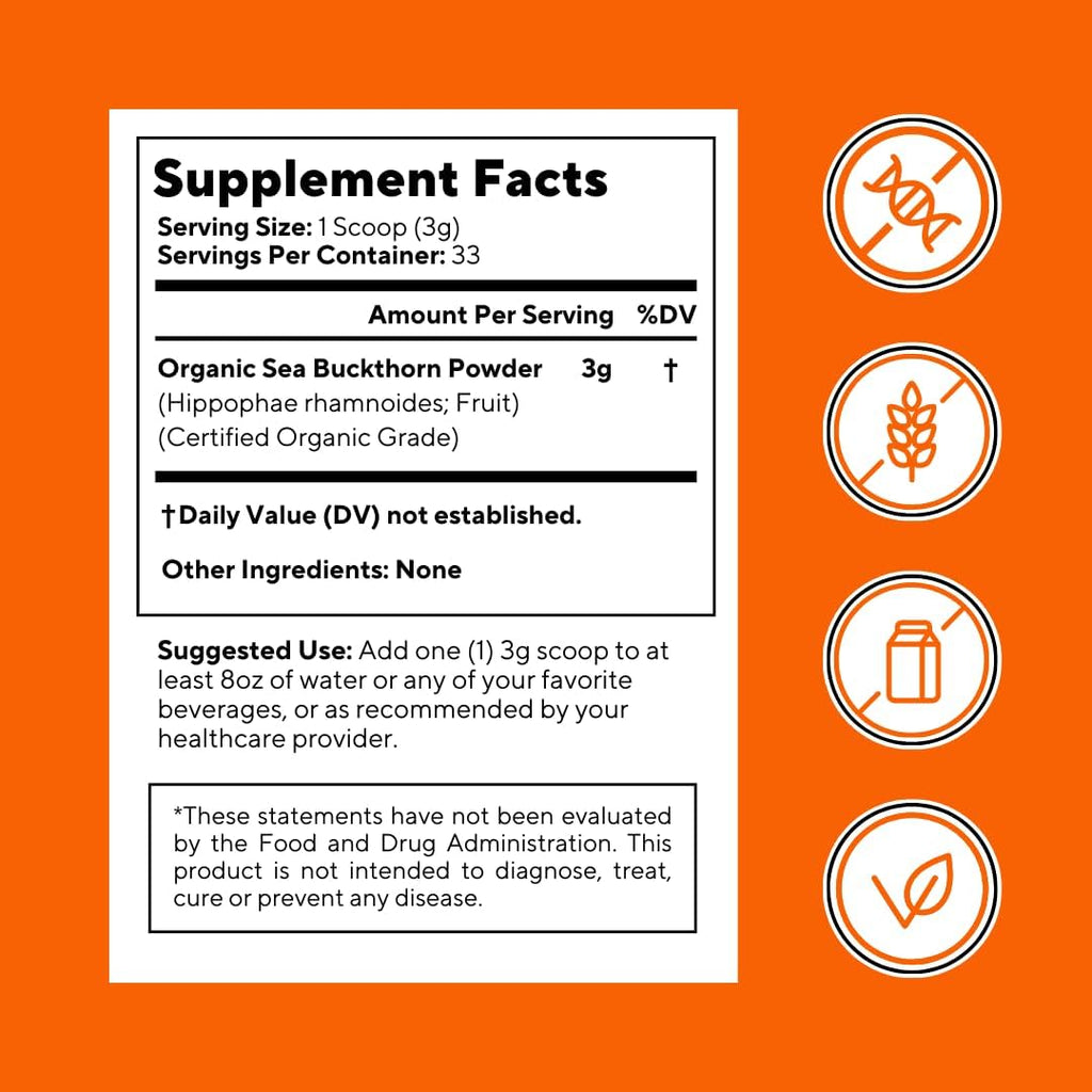 Vitapia - Extracto de Espino Amarillo Orgánico en Polvo con Omega 7 y Omega 3, 6, 9 - 100 g