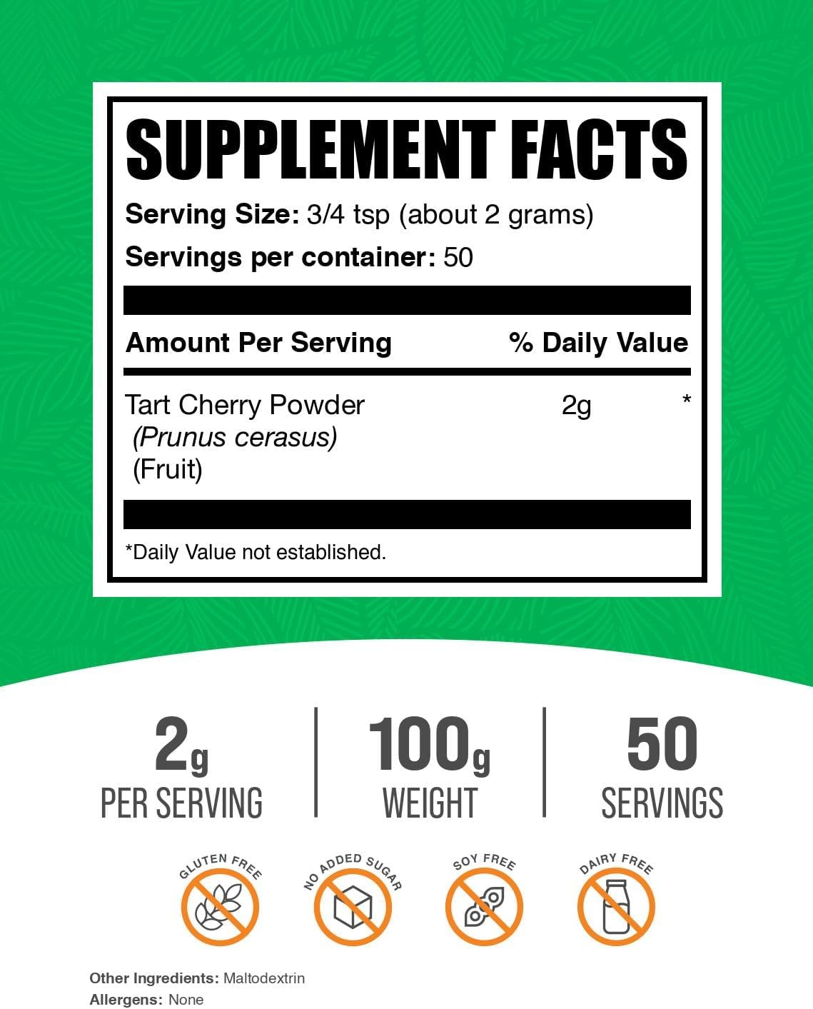 BulkSupplements.com Polvo de Cereza Ácida - Suplemento de Fruta, Fuente de Antioxidantes, Sin Gluten, Sin Azúcar Añadido, 100g