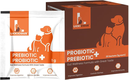 LICKICIOUS Probióticos para Perros y Gatos – Polvo Sinbiótico, 20 Sobres, 9.2B UFC, 12 Cepas con Prebióticos y Enzimas – Image 1