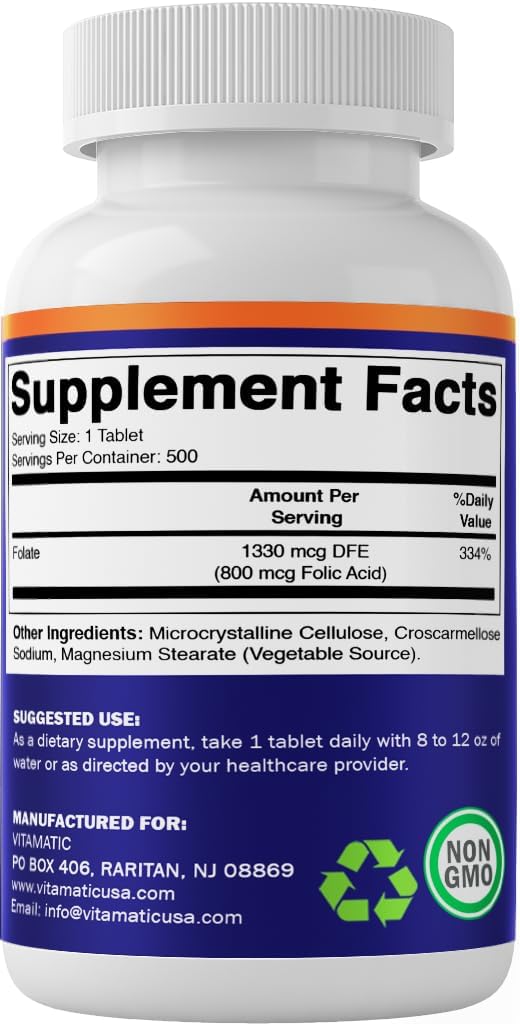 Vitamatic Ácido Fólico 800 mcg - 500 Comprimidos Vegetarianos - Vitamina B9