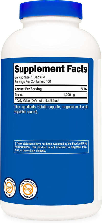 Nutricost Taurina 1000mg, 400 Cápsulas – Dosis óptima: 1000 mg de taurina por cápsula, una potencia doble que – Image 5