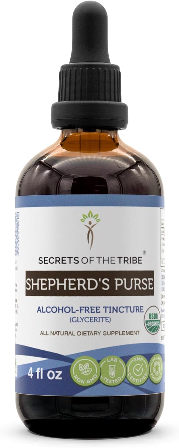 Secrets of the Tribe Bolsa de Pastor Orgánica | Extracto sin Alcohol, Gotas de Alta Potencia | Elaborado con Hierba Seca Orgánica Certificada (Capsella Bursa Pastoris) (118 ml)