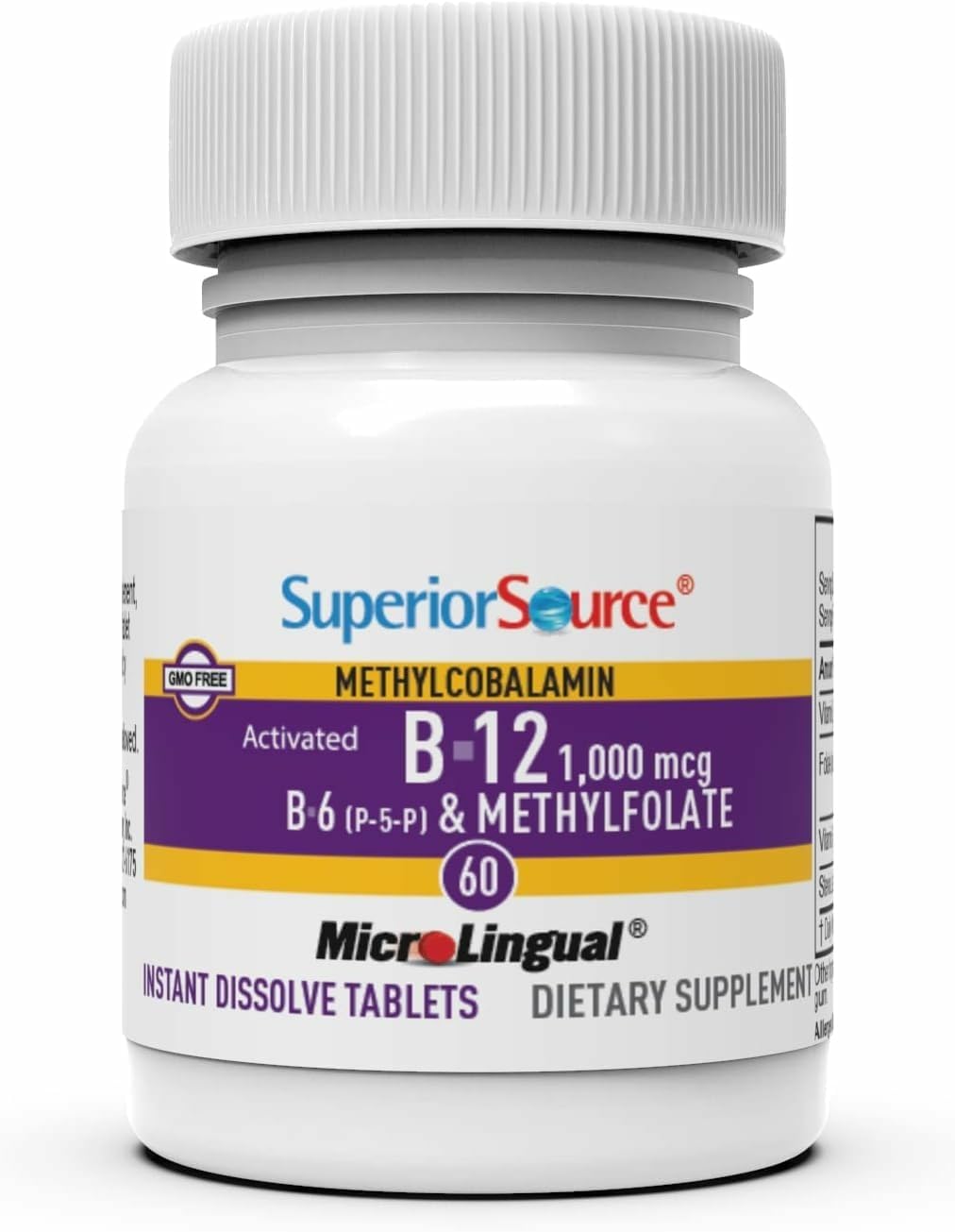 Superior Source No Shot Vitamina B12 Metilcobalamina 1000 mcg + B6 + Metilfolato 1000 mcg - 60 Comprimidos Sublinguales