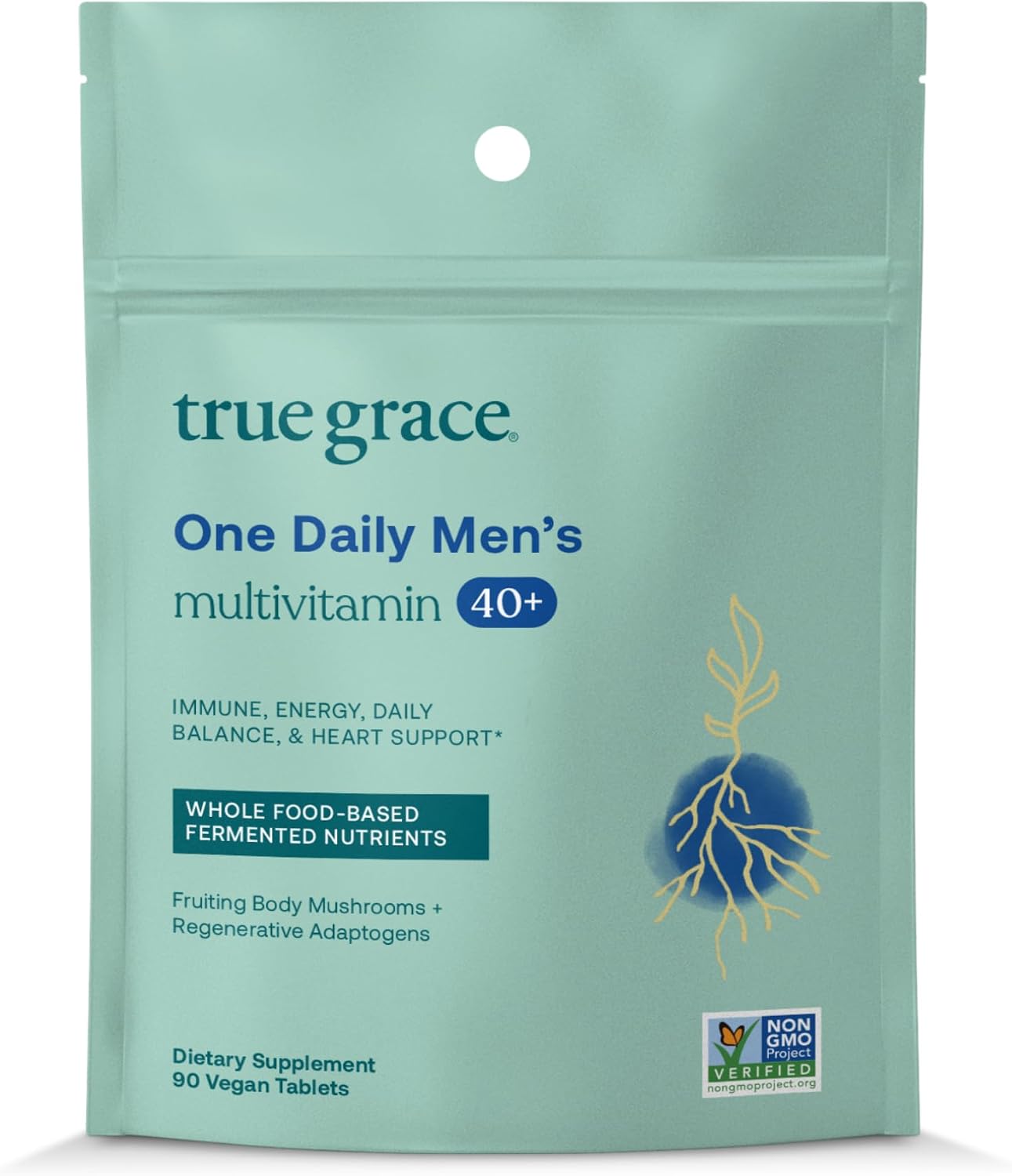 True Grace Men's 40+ One Daily Multivitamin – Minerales Fermentados, Adaptógenos Orgánicos y Hongos – 90 Tabletas Veganas