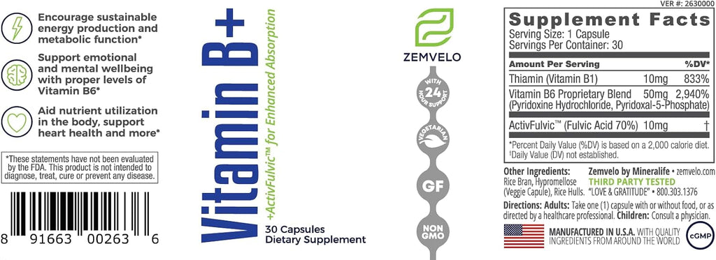 Vitamin B+ - Fomenta la producción de energía sostenible, apoya el sistema inmunológico y ayuda en el desarrollo de serotonina y dopamina | 30 días