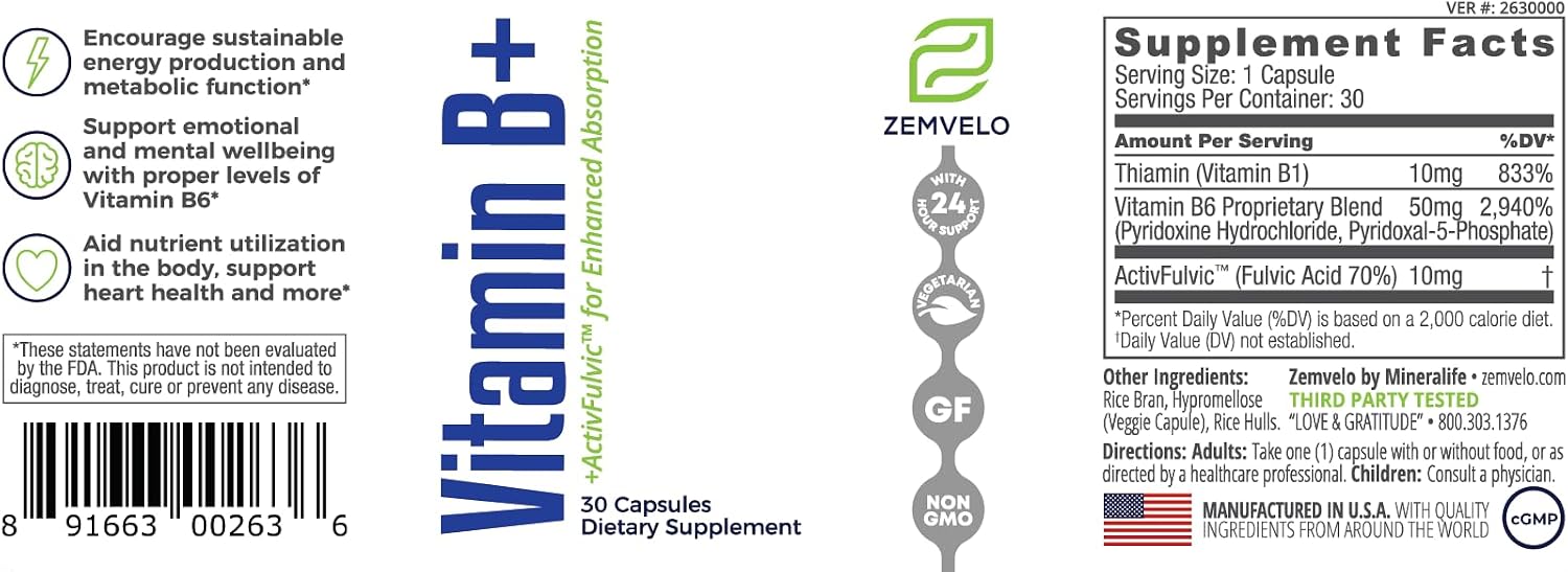 Vitamin B+ - Fomenta la producción de energía sostenible, apoya el sistema inmunológico y ayuda en el desarrollo de serotonina y dopamina | 30 días