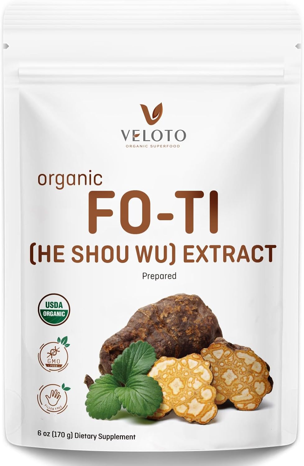 VELOTO Extracto Orgánico de He Shou Wu en Polvo 50:1 – Suplemento Herbal Puro de Fo-Ti, Sin Rellenos, Vegano, Tradicionalmente Usado para Cabello, Vitalidad y Antioxidante (170g)