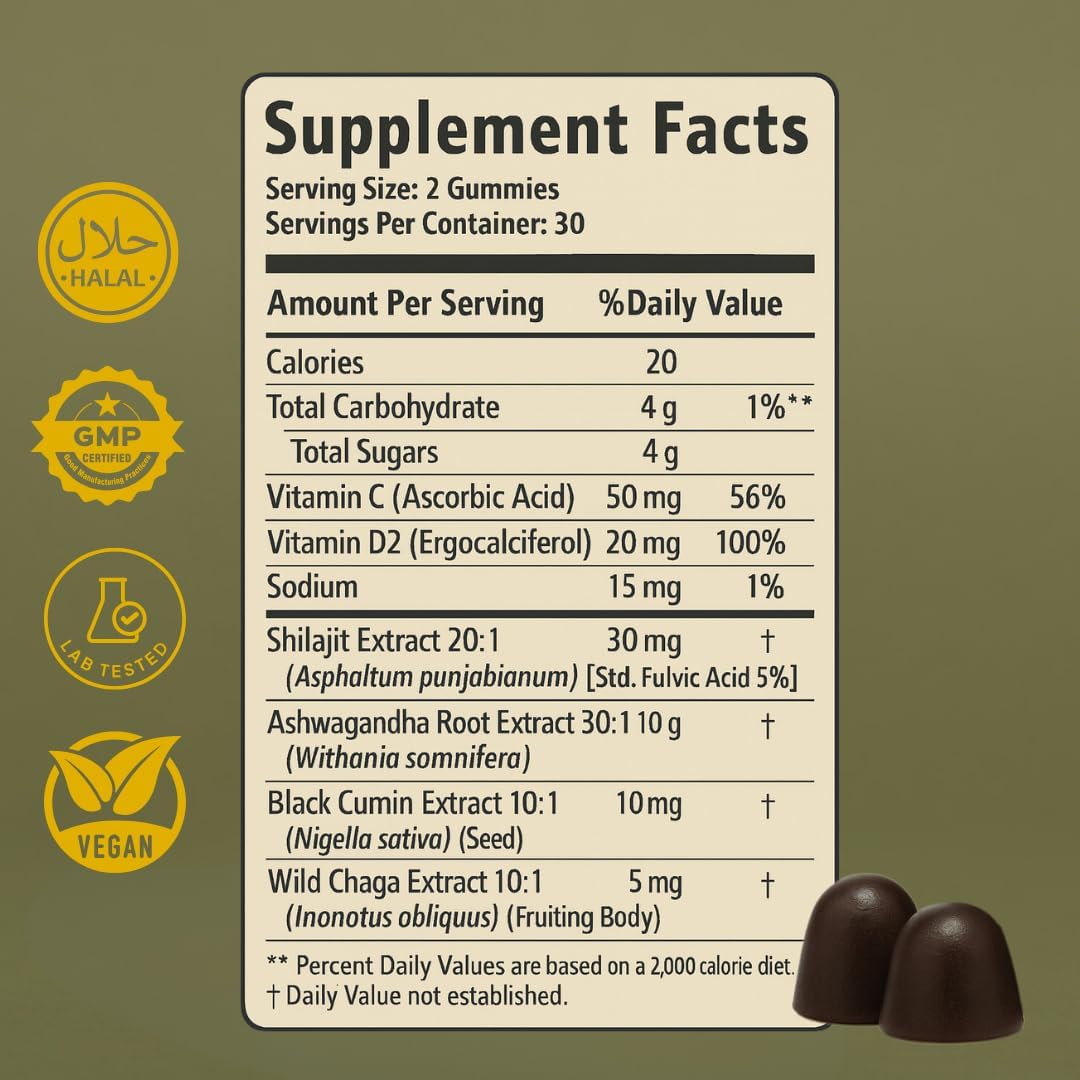 Pure Shilajit Gummies con Aceite de Semilla Negra – Alta Potencia – 60 Gomitas