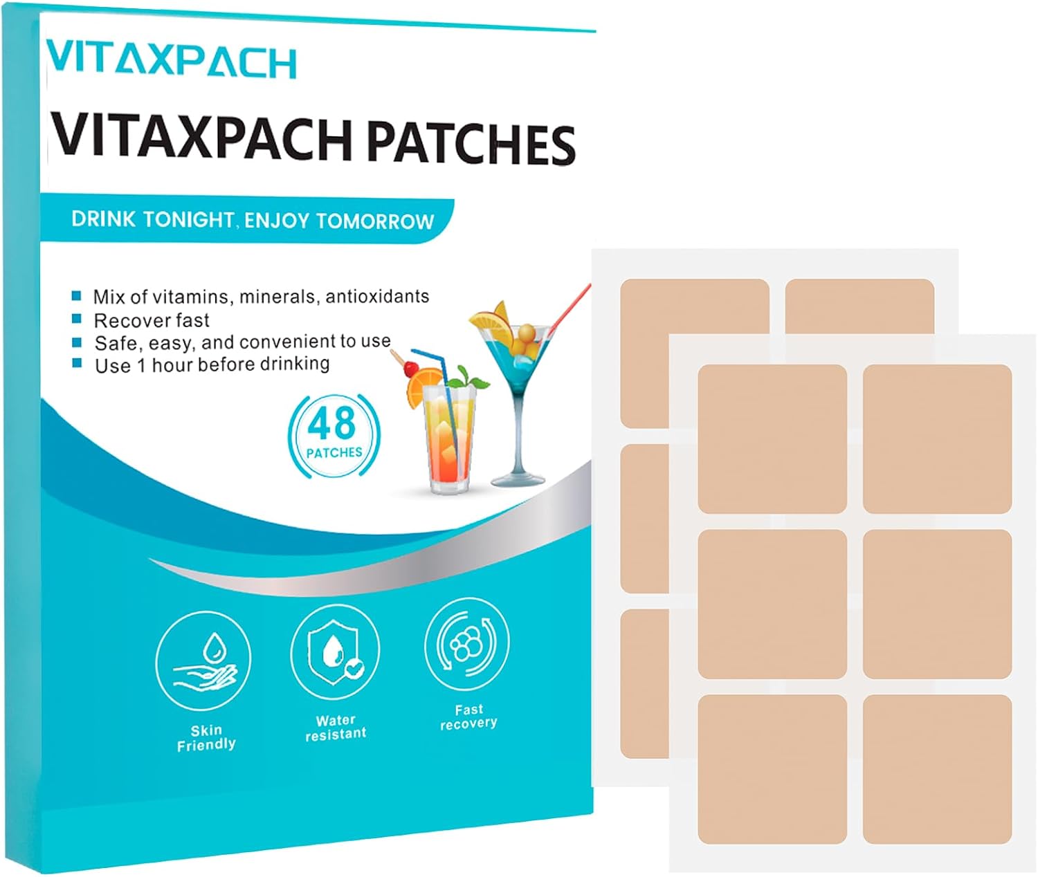 Vitaxpach Recovery Patches - 48 Parches, Ingredientes 100% Naturales - Despierta Renovado, Parches Adhesivos Hidrorepelentes y Respetuosos con la Piel - Aplicar Antes de Beber