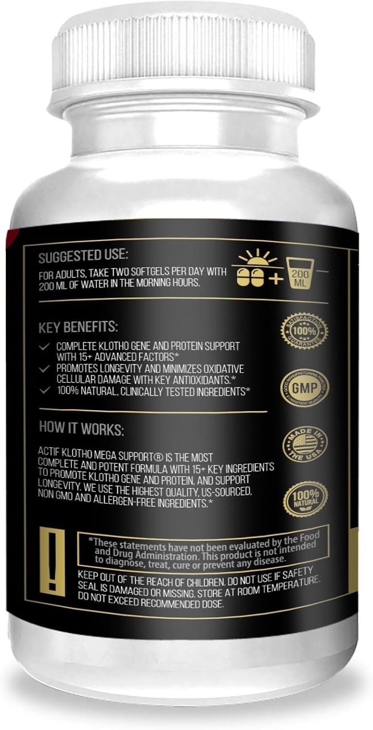 ACTIF Klotho Mega Support con 20+ Factores Avanzados para el Apoyo a la Longevidad - No OGM, Fabricado en EE.UU., 90 unidades