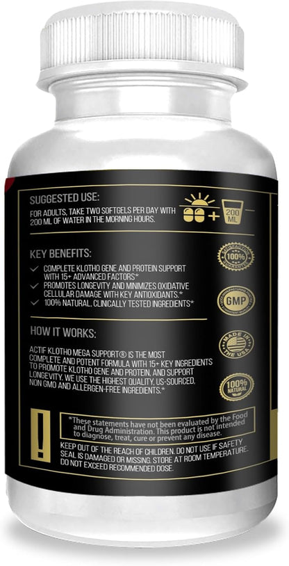ACTIF Klotho Mega Support con 20+ Factores Avanzados para el Apoyo a la Longevidad - No OGM, Fabricado en EE.UU., 90 unidades
