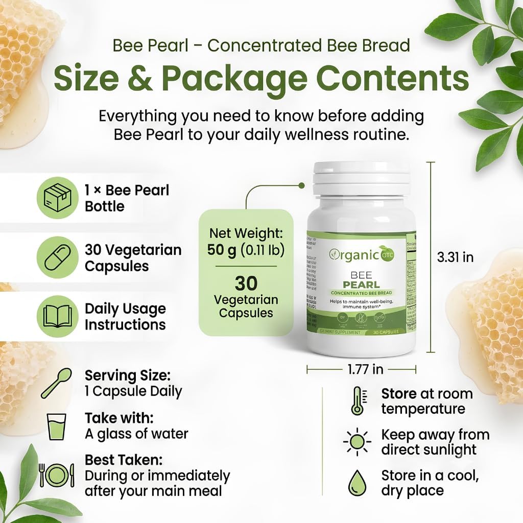 Cápsulas Orgánicas Bee Pearl – Pan de Abeja Concentrado – Mezcla Natural de Polen, Néctar y Enzimas con Vitaminas, Minerales y Polifenoles – 30 Cápsulas