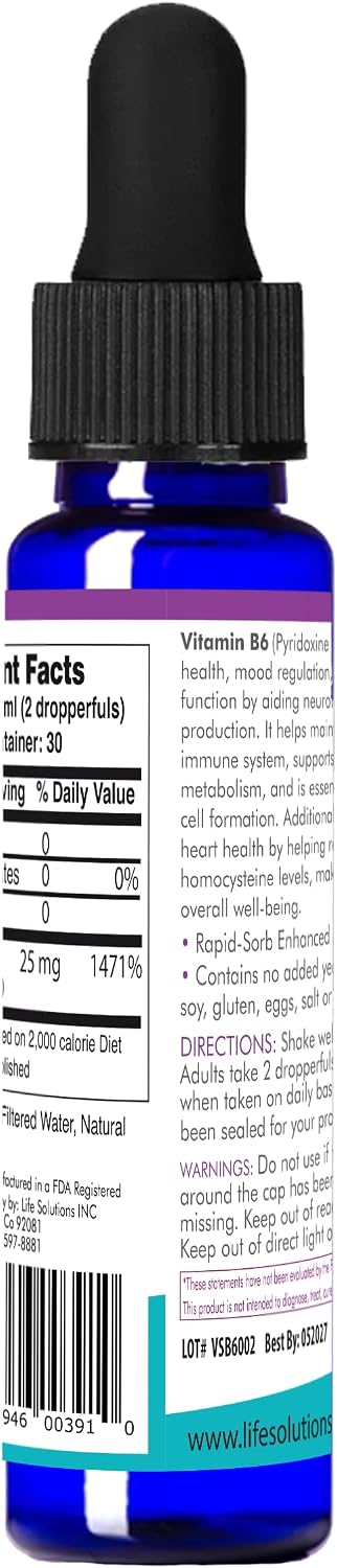 Life Solutions Vitamina B6 Piridoxina HCI 25 mg – Complemento de Vitaminas B, 60 ml