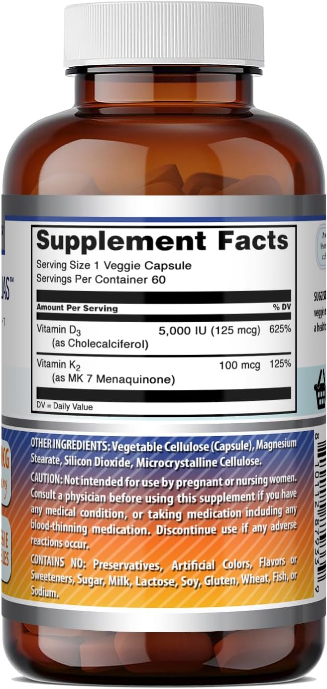 Amazing Formulas Vitamina D3 5000 UI con Vitamina K2 100 mcg | Complejo D3 + K2 | Cápsulas vegetales | No-GMO | Sin gluten | 60 Cápsulas
