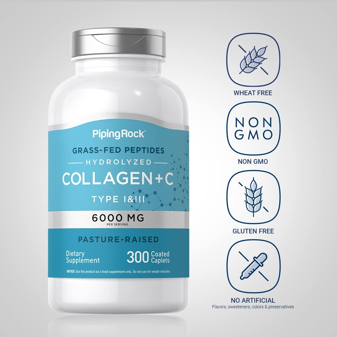 Piping Rock Collagen Peptides Plus Vitamin C 6000mg, 300 Tablets - Hydrolyzed Type I & III, Non-GMO, Gluten-Free