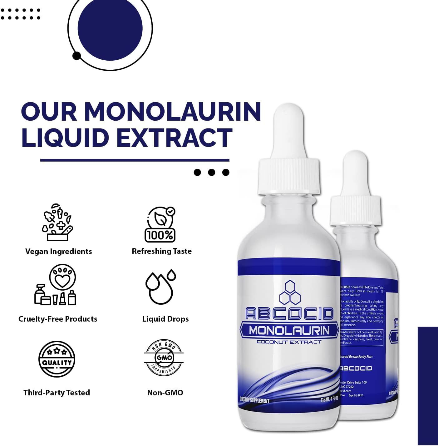 Monolaurin Extracto Líquido 900 mg, 4.8 oz (142 ml), 158 Dosis – No Transgénico, Sin Gluten, Probado por Terceros