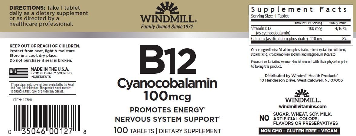 Windmill Vitamin B12 100 mcg Tablets (2 Bottles of 100 Tablets)