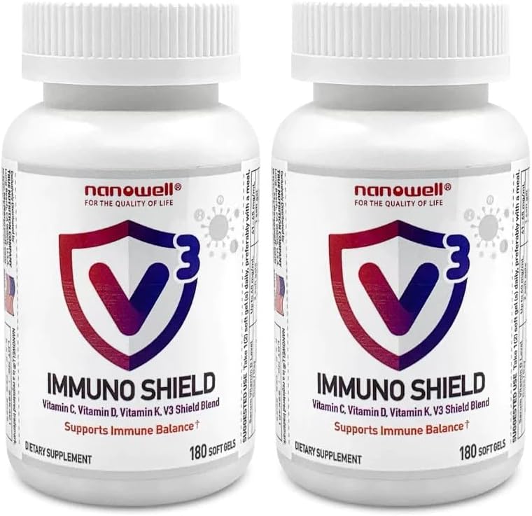 NANOWELL V3 IMMUNO Shield - Apoyo Inmunitario con Vitaminas C, D3, K y Zinc (360 Cápsulas Blandas)