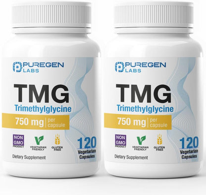 Puregen Labs TMG 750 mg - Trimetilglicina - 240 Cápsulas Vegetarianas (2 Envases) – Image 1