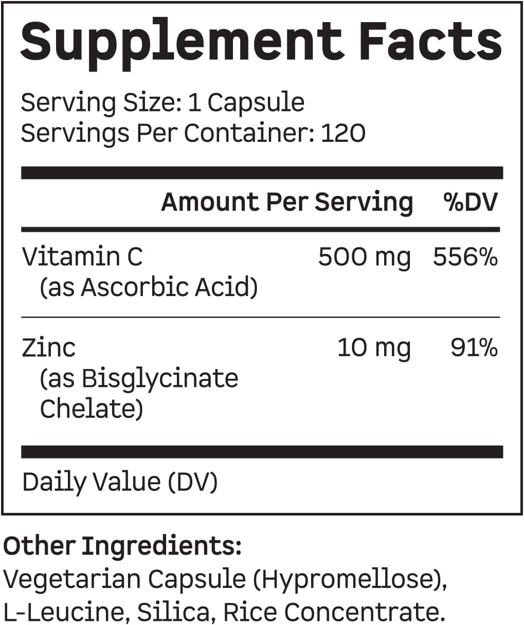 Kion Immune - Suplemento de Vitamina C y Zinc - 500 mg de Vitamina C (Ácido Ascórbico) y 10 mg de Zinc - 120 Cápsulas