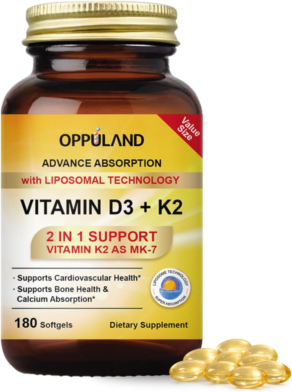 oppuland Vitamina D3 + K2 5000 UI - Tecnología Liposomal para Mayor Absorción - MK-7 Vitamina K2 100mcg - Ayuda al Metabolismo Óseo y del Calcio - 90 Cápsulas Blandas
