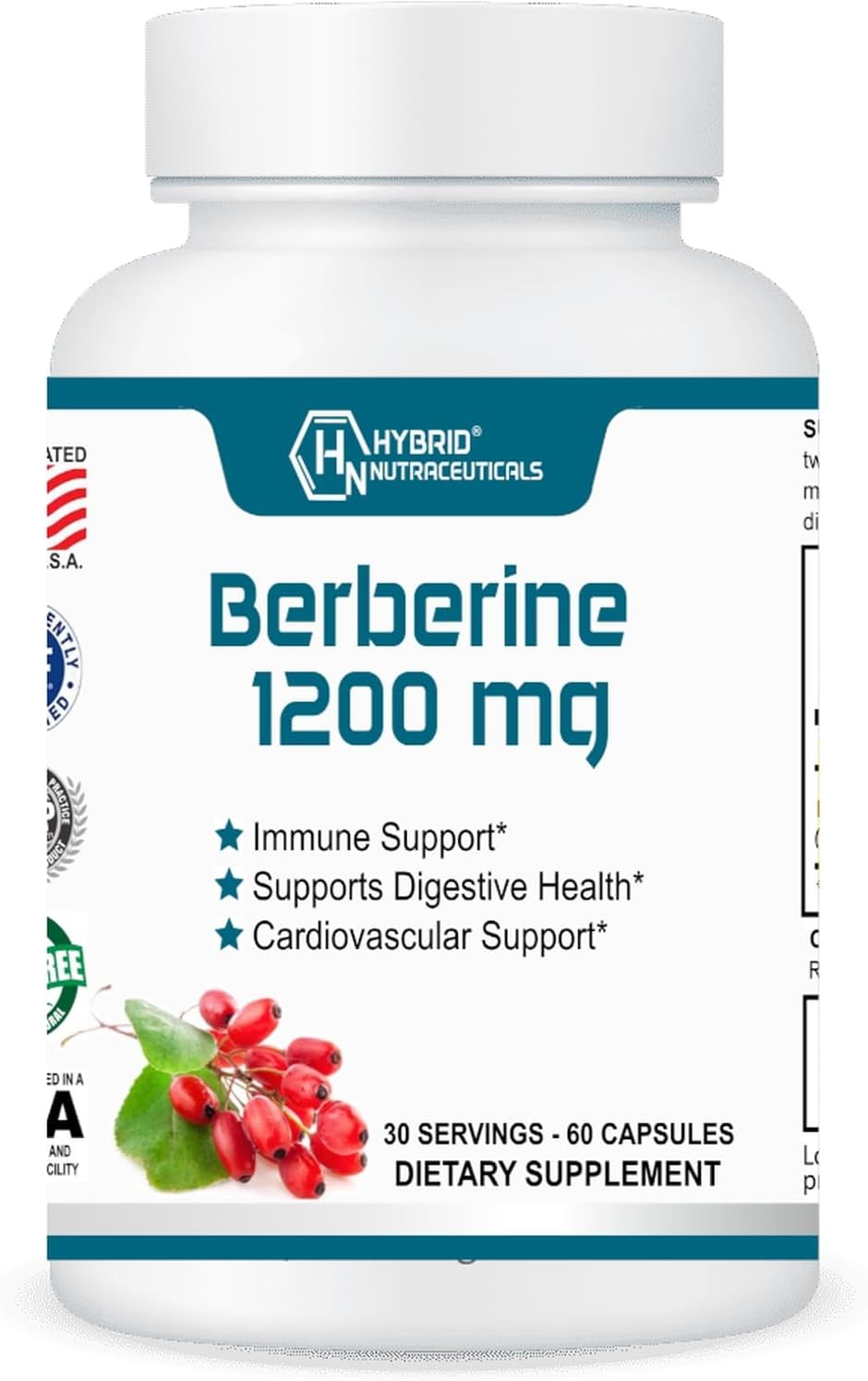 Berberina 1200mg – Fórmula Concentrada de Berberina HCl – 60 Cápsulas – Hybrid Nutraceuticals