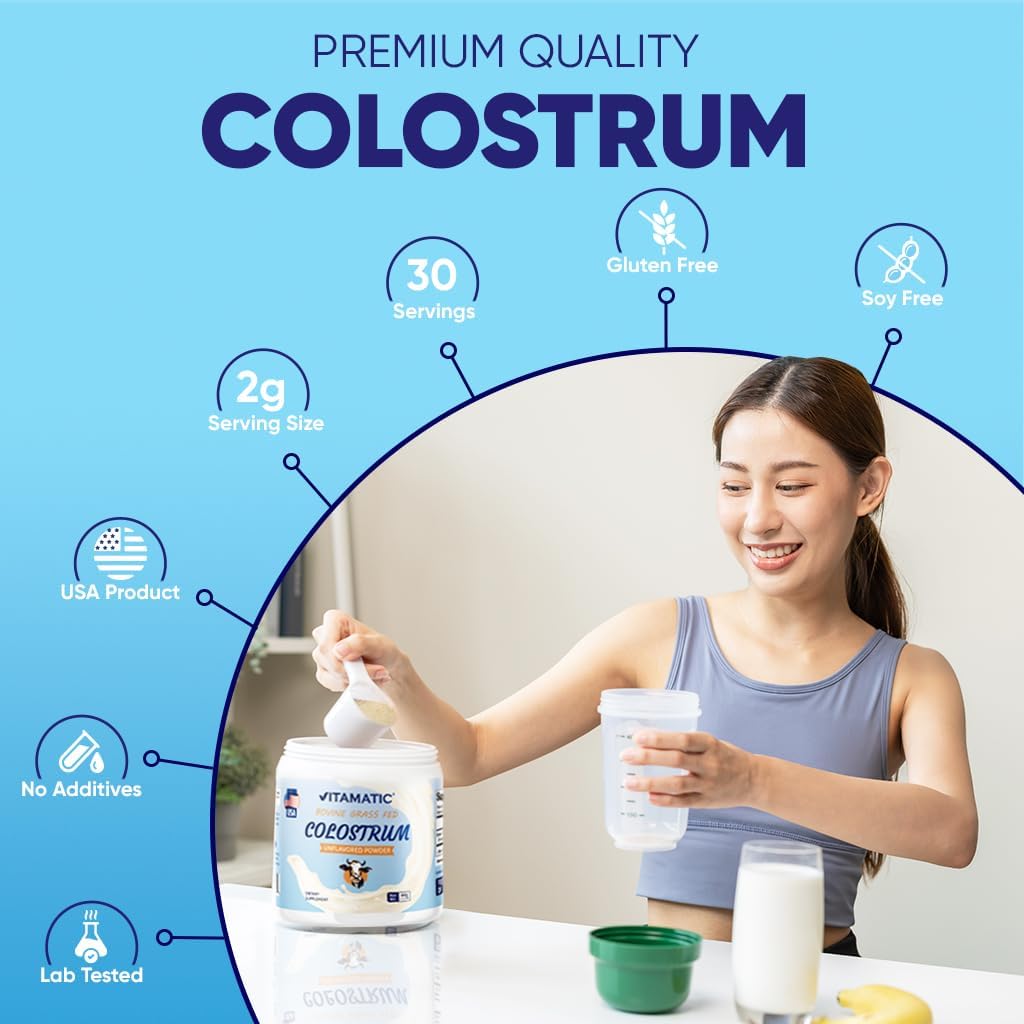 Vitamatic Calostro Bovino en Polvo 30% IgG - 60 Gramos (30 Raciones, Sin Sabor)