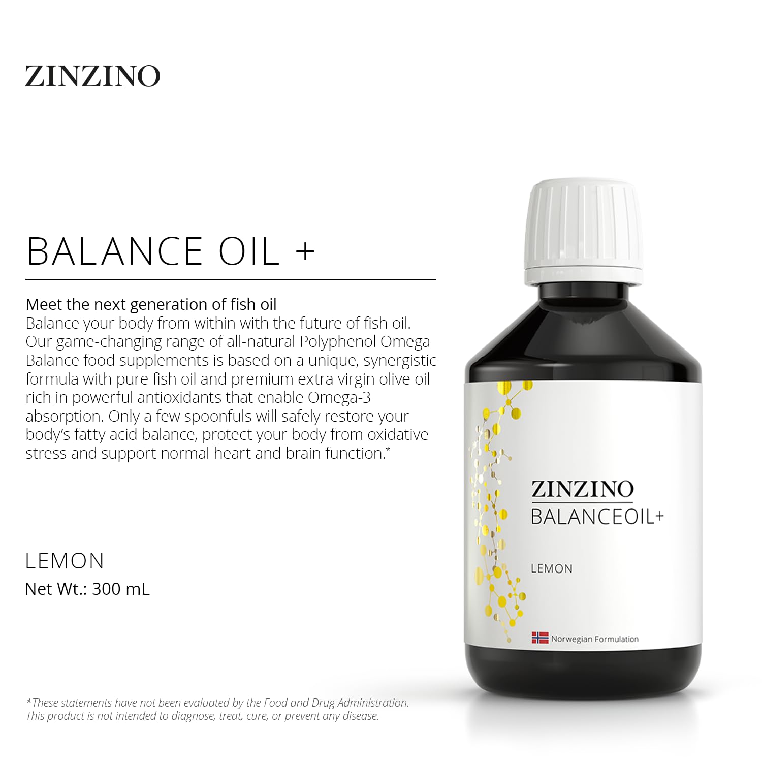 ZINZINO - BalanceOil+ Lemon - Complemento de Omega-3 con Aceite de Pescado y Aceite de Oliva Virgen Extra - 300ml