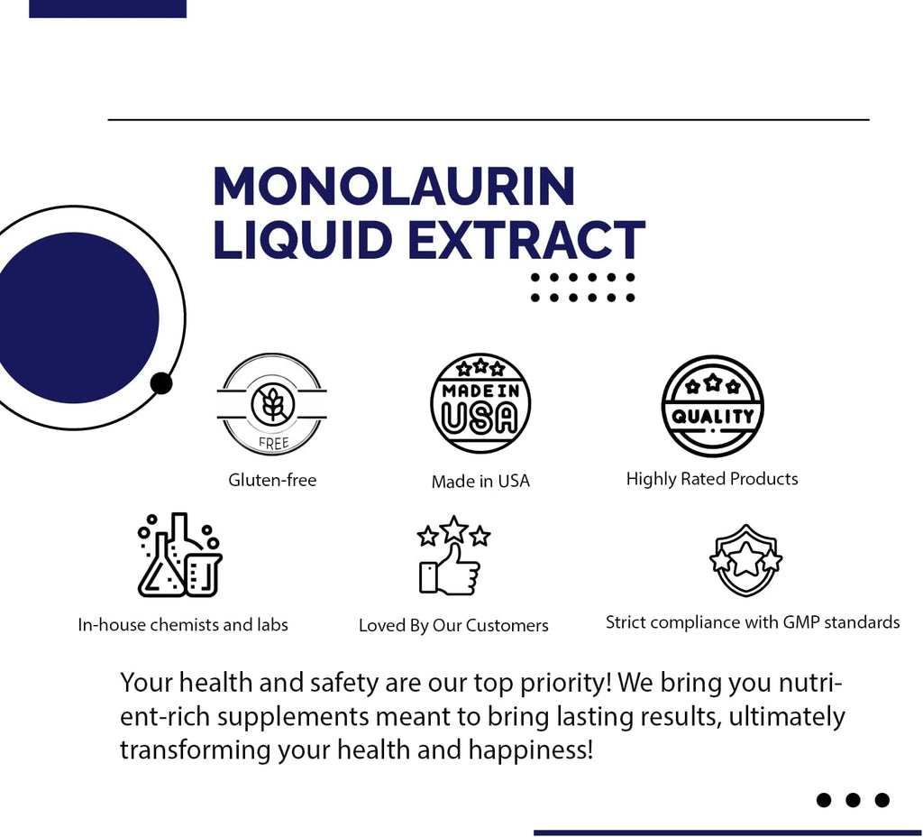 Monolaurin Extracto Líquido 900 mg, 4.8 oz (142 ml), 158 Dosis – No Transgénico, Sin Gluten, Probado por Terceros