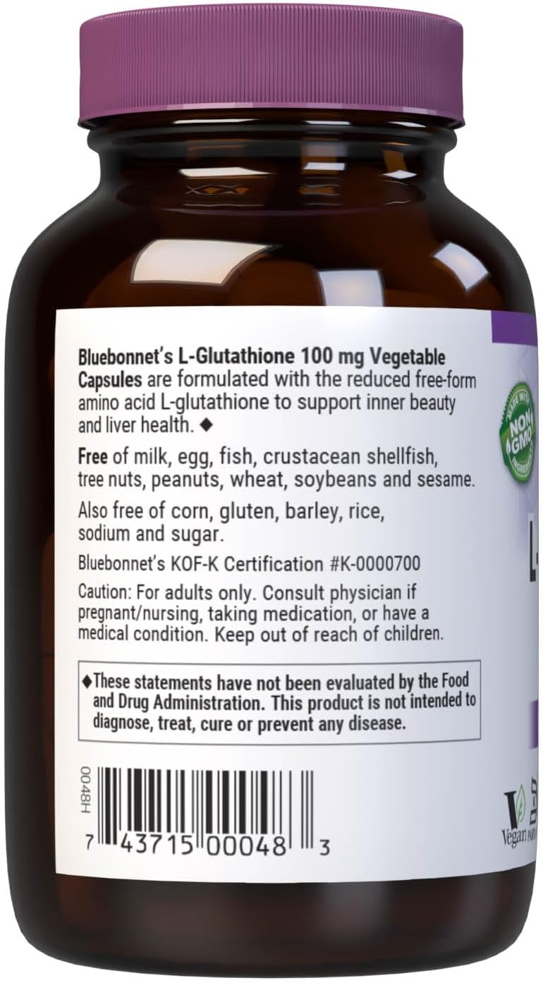 Bluebonnet Nutrition L-Glutathione 100mg – Free Form Amino Acid – Antioxidant Protection – 30 Vegan Capsules
