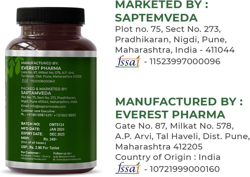 SAPTAMVEDA Comprimidos de Moringa Natural (120 comprimidos) - 500mg cada uno | Multivitamínico natural de hojas de Moringa