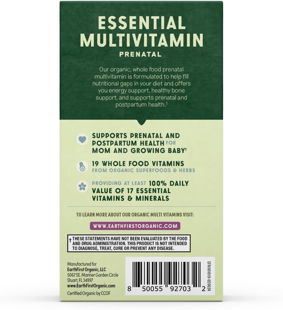 EarthFirst Organic Multivitamínico Prenatal Diario - 60 Comprimidos Veganos