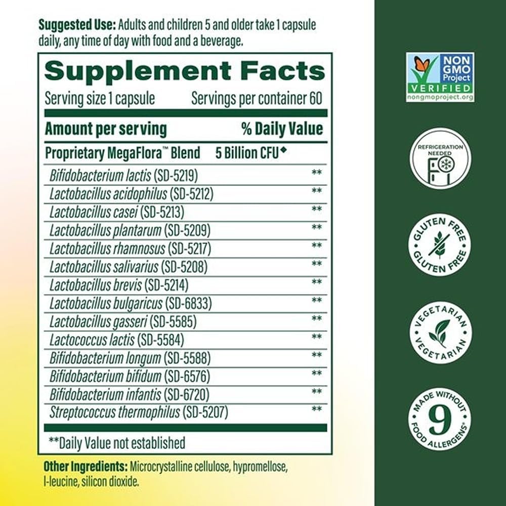 MegaFood MegaFlora Kids Probiotics - 5 Mil Millones de UFC - Sin OGM, Vegetariano, Sin 9 Alérgenos - 60 Cápsulas Mini