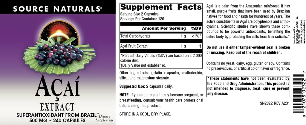 Source Naturals Extracto de Acai, Superantioxidante de Brasil* - 500 mg - 240 Cápsulas Vegetarianas