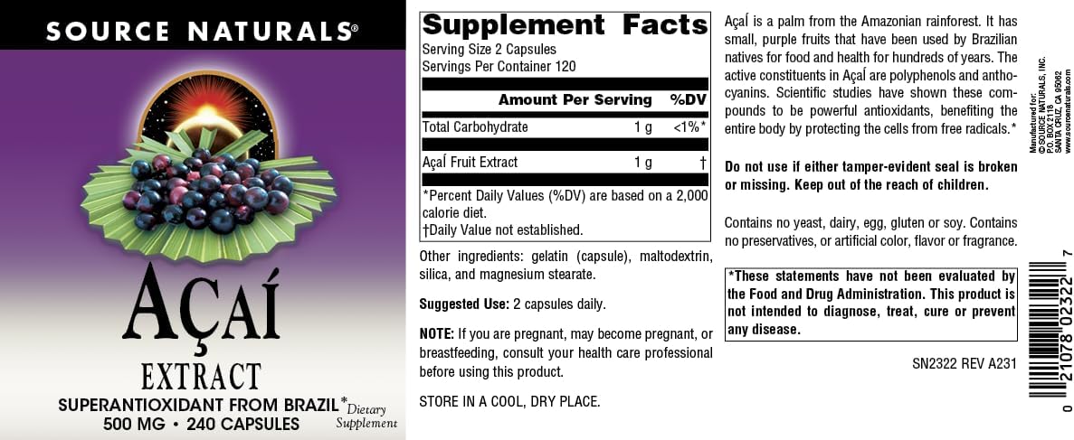 Source Naturals Extracto de Acai, Superantioxidante de Brasil* - 500 mg - 240 Cápsulas Vegetarianas