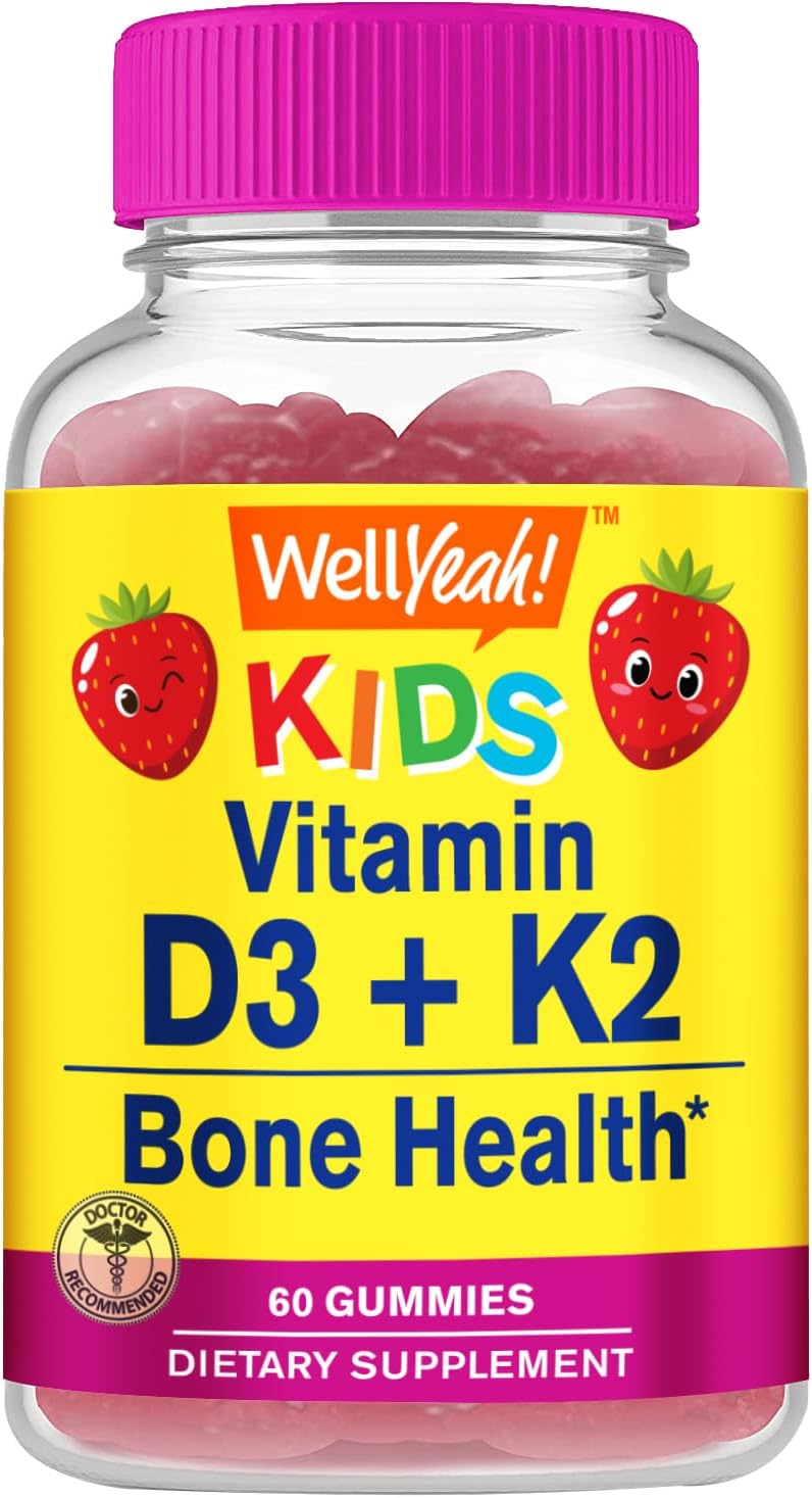 WellYeah Vitamina D3 + K2 para Niños Gominolas - 500 UI D3, 100 mcg K2 MK-7 - Sabor Fresa Natural - 60 Gominolas