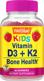 WellYeah Vitamina D3 + K2 para Niños Gominolas - 500 UI D3, 100 mcg K2 MK-7 - Sabor Fresa Natural - 60 Gominolas