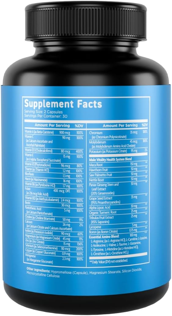 Vital Vitamins Multivitamínico para Hombres - Complejo con Aminoácidos Esenciales, Maca, Saw Palmetto, Vitaminas A, C, D3, E, B6, B12 y Zinc - 60 Cápsulas