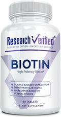 Research Verified Biotin 10000 mcg – Biotina Pura Extra Fuerte – 60 Comprimidos Veganos