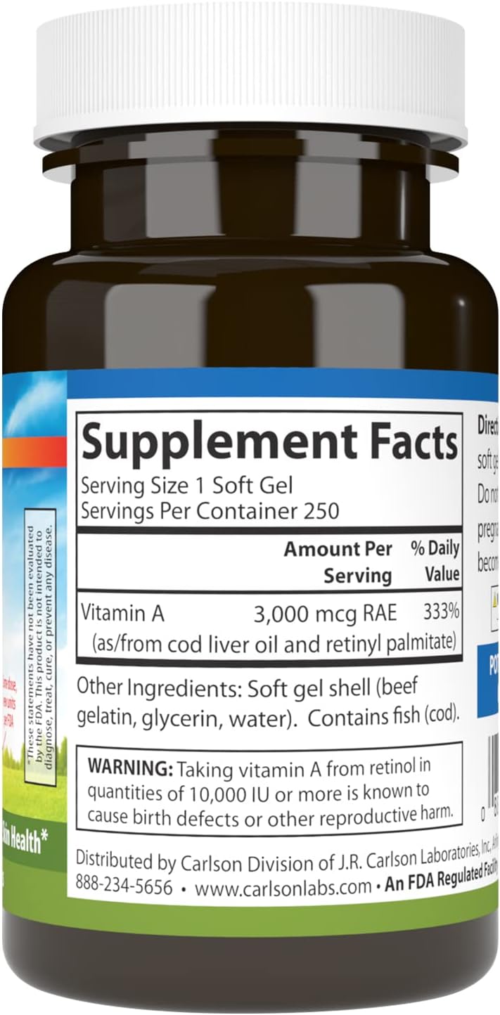 Carlson - Vitamina A, 10000 UI (3000 mcg RAE), 250 Softgels